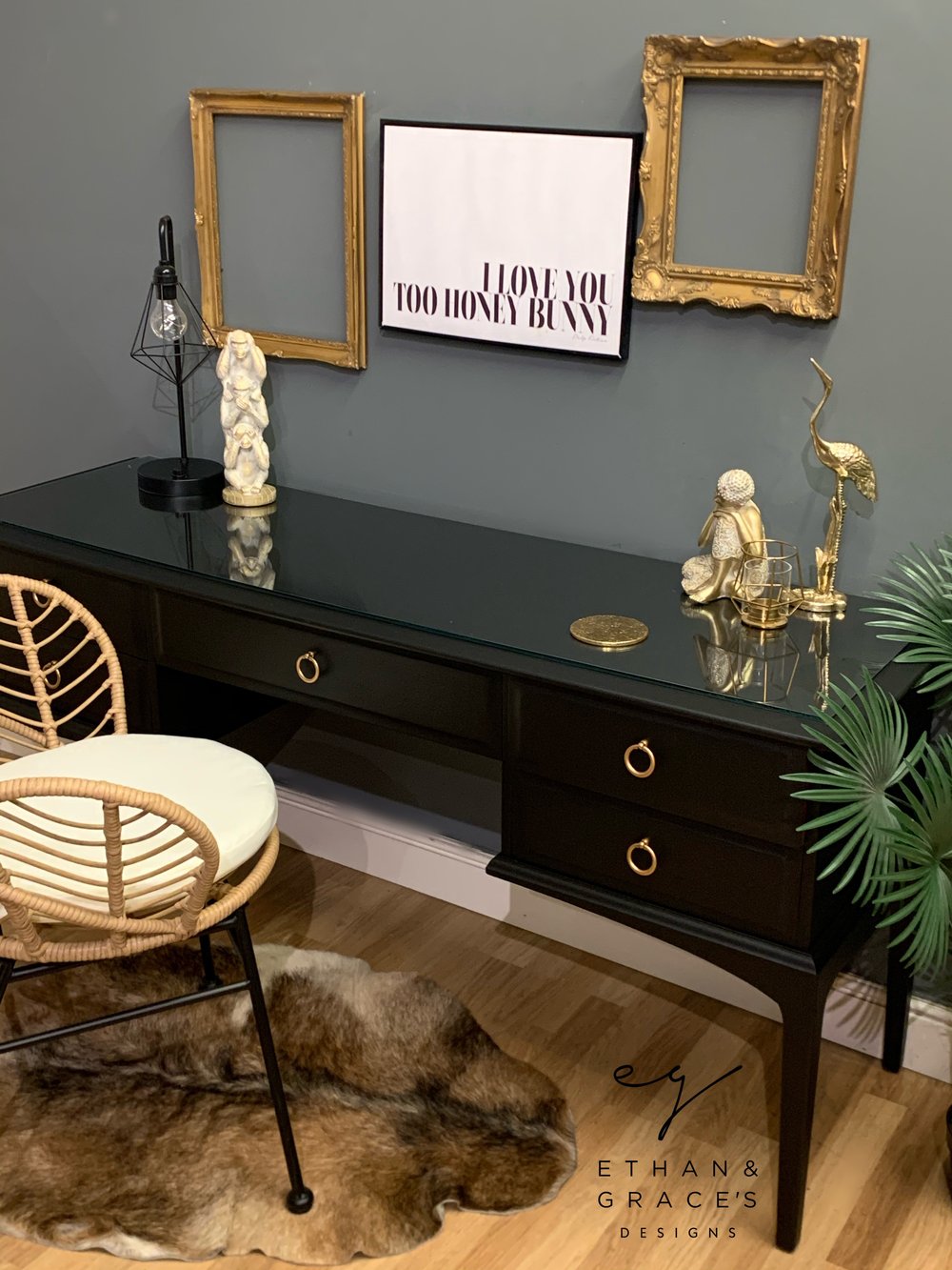 Image of Black stag desk / dressing table with glass top 