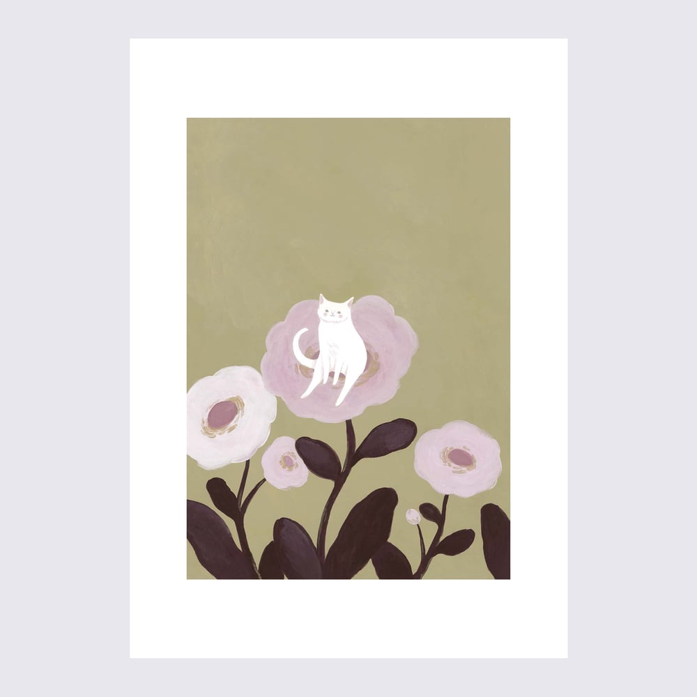 Image of Chat blanc parmi les fleurs - A4 print