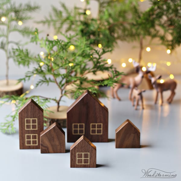 Image of Christmas home decorations - miniature houses, hygge home decor - set of 5