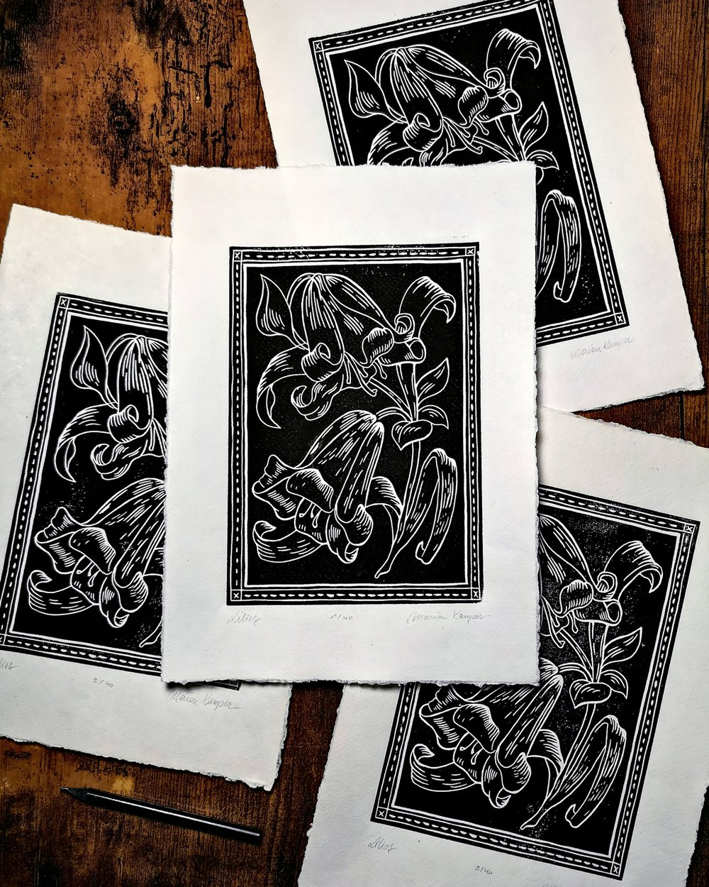 Lilies Lino Print Black White