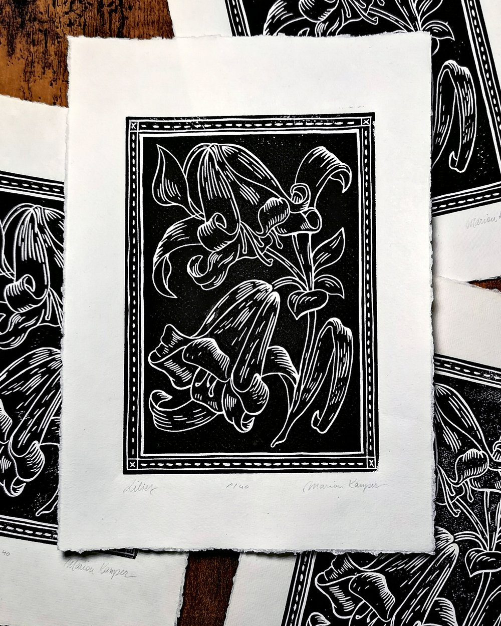 Lilies Lino Print Black White