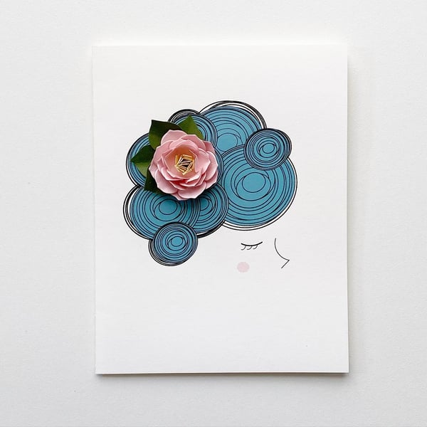 Image of Teal/blue curly haired girl card with flower - blank, all occasion
