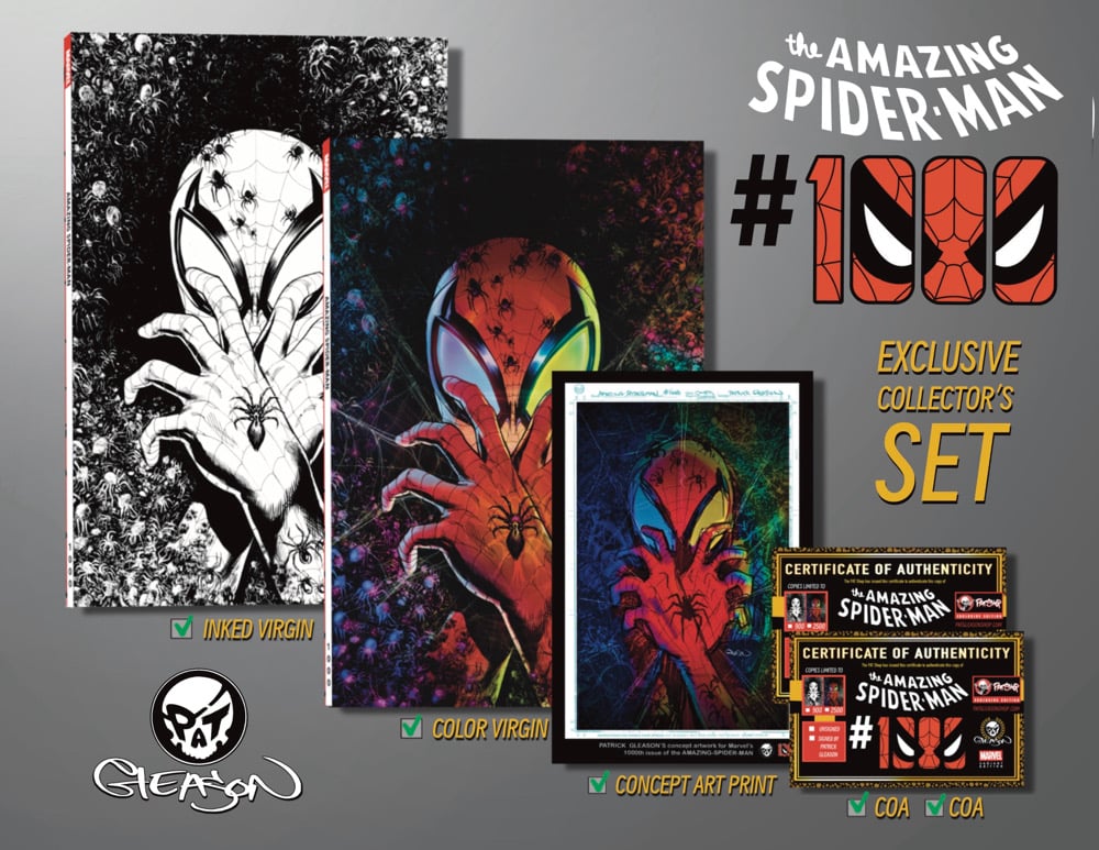 Image of UNSIGNED COLLECTOR’S SET AMAZING SPIDER- MAN #1000 GLEASON VIRGIN EXCLUSIVES & PRINT