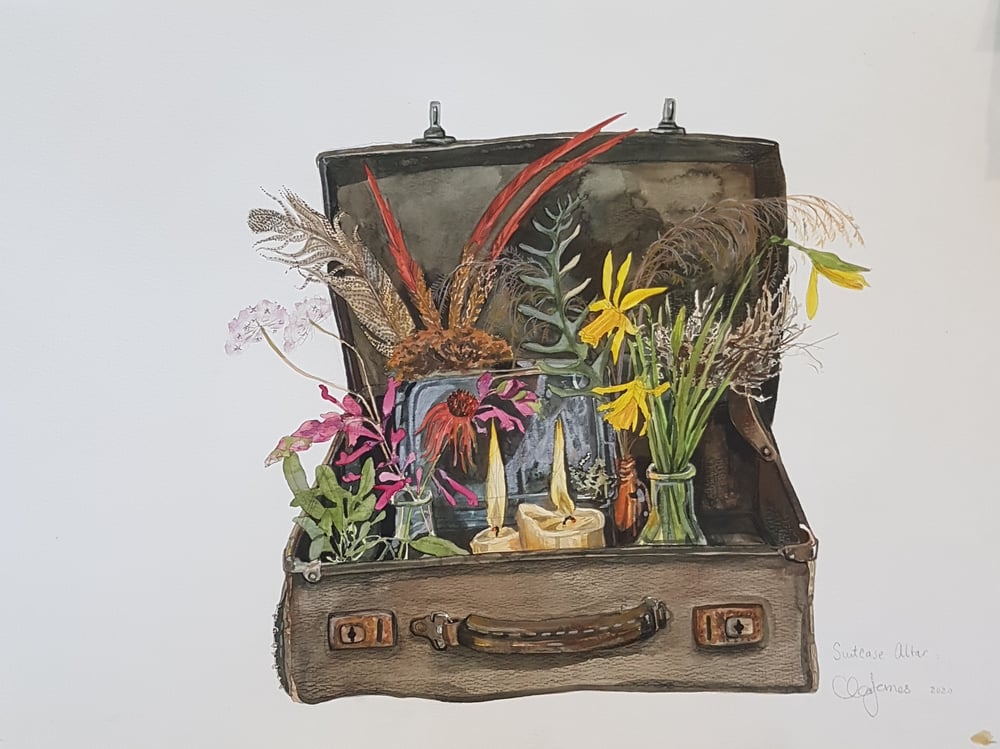 Image of Suitcase Altar. Original watercolour.