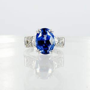 Image of 18ct white gold large oval Blue Sapphire trilogy ring . Sp2