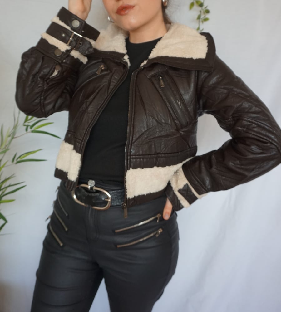 Image of Crop faux leather brown jacket