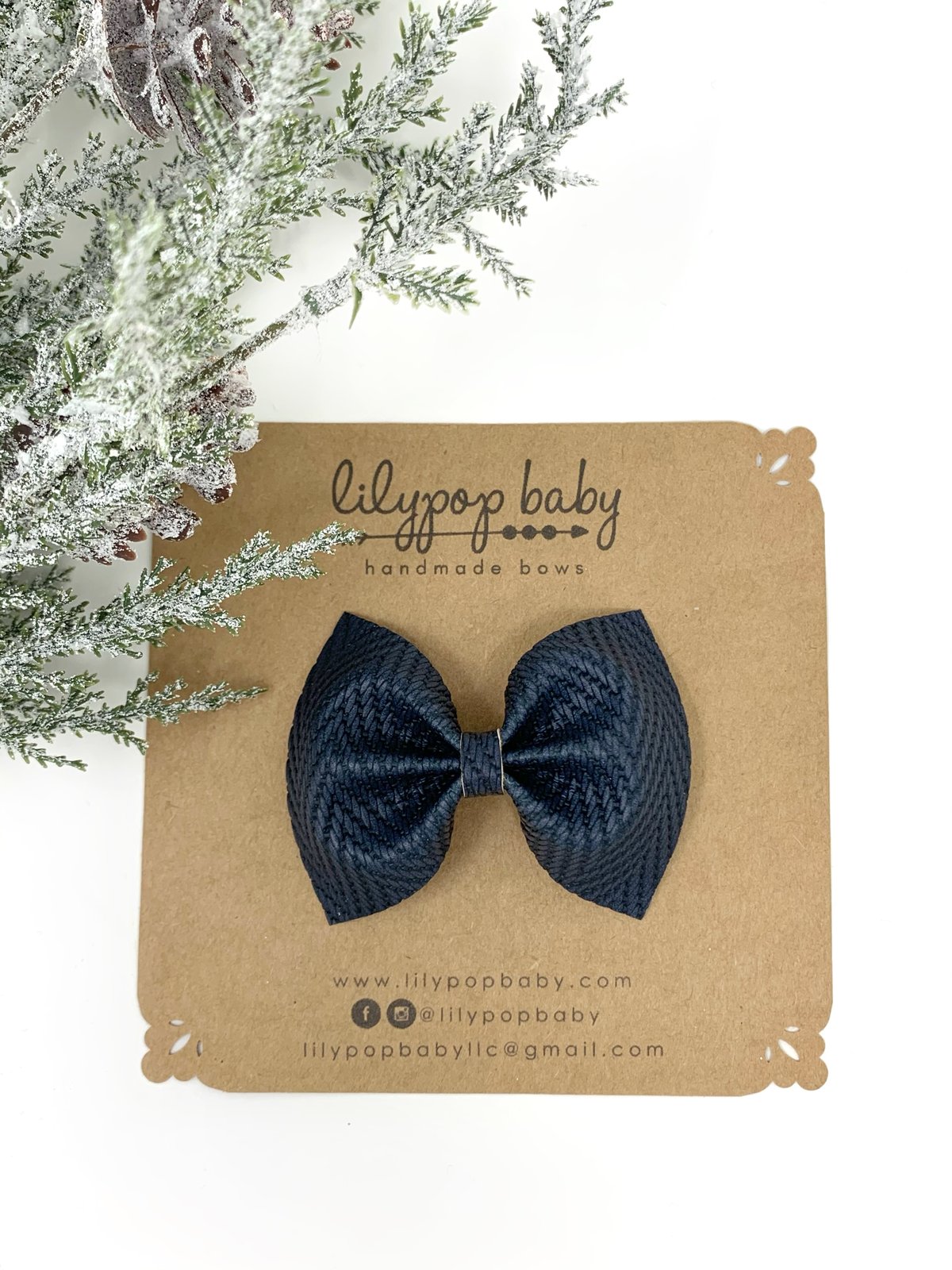 Image of Navy Herringbone Textured Faux Leather Ava Bow