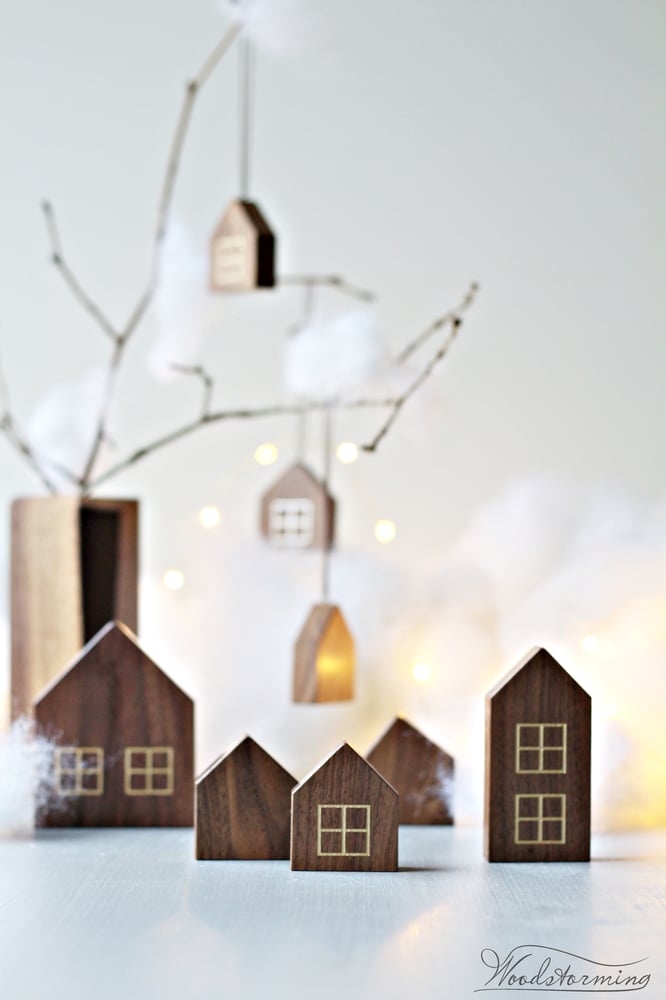 Image of Christmas home decorations - miniature houses for display and hanging - set of 8