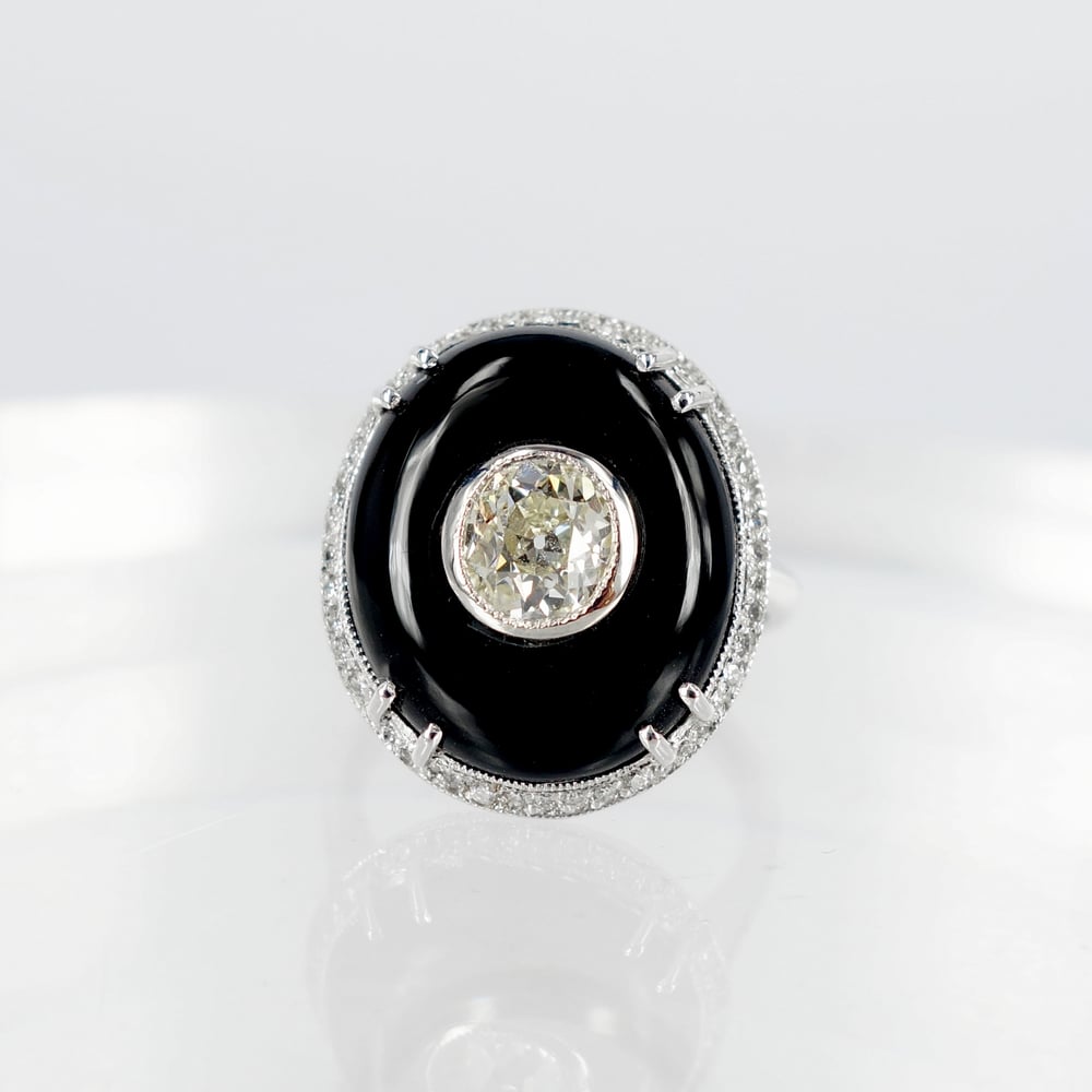 Image of Beautiful art deco 18ct white gold and onyx diamond cocktail ring .Sp7
