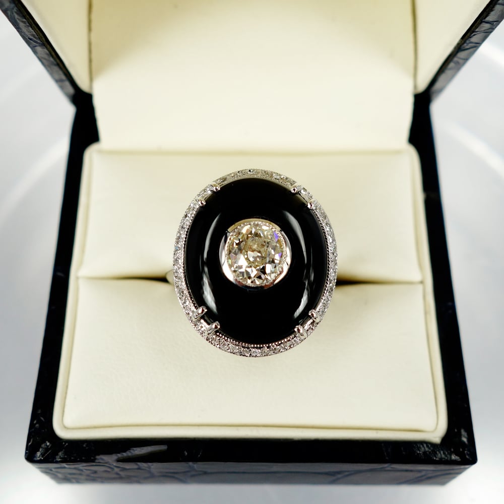 Image of Beautiful art deco 18ct white gold and onyx diamond cocktail ring .Sp7