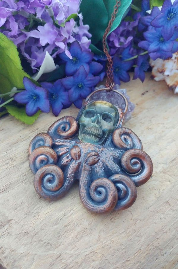 Image of Carved Labradorite Skull Octopus Statement Pendant