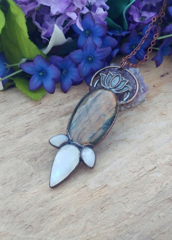 Image of Lotus Flower + Labradorite + Rainbow Moonstone Pendant