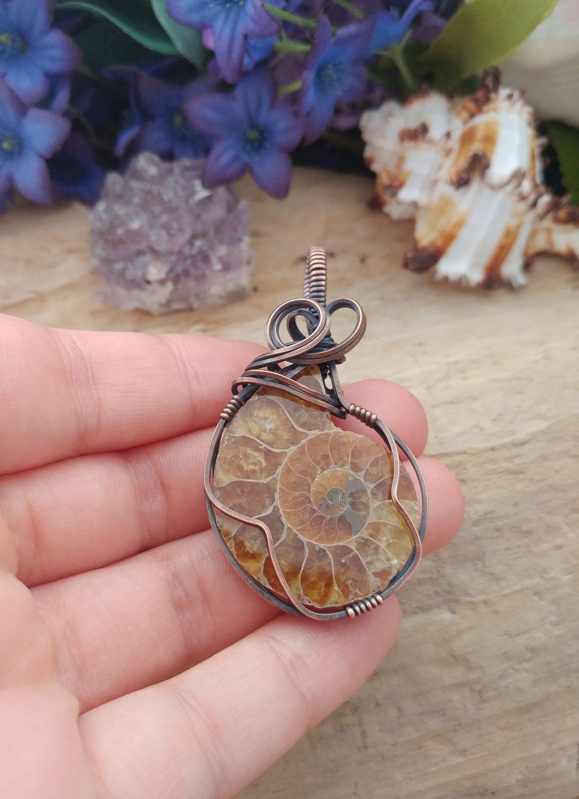 Necklace wire wrap selling art with Ammonite in copper