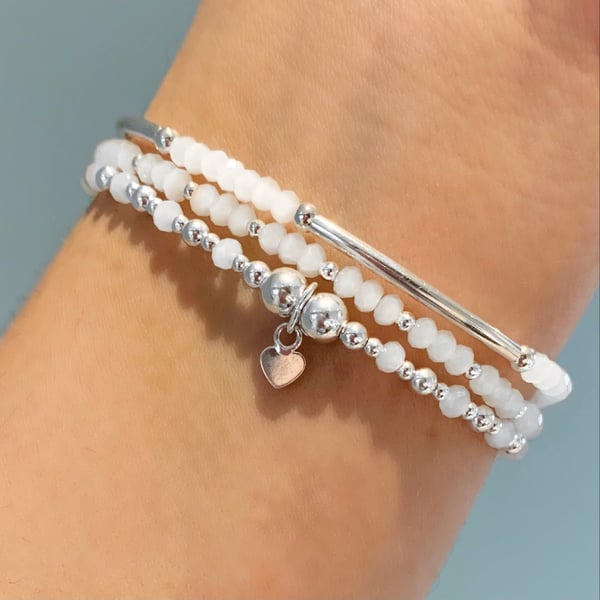 Image of Sterling Silver & White Set of Three Stacking Bracelets