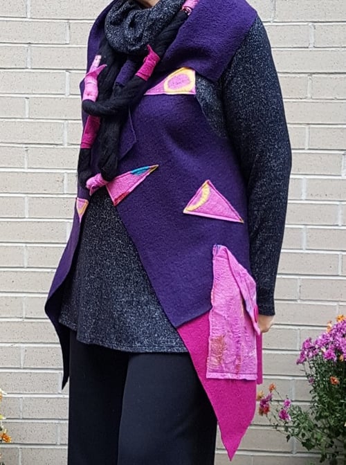 Image of fabric collage vest, purple, one of a kind