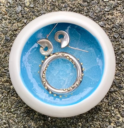 Image of Tiny Turquoise and White Porcelain wheel thrown bowl for salt, pepper, spice or jewellery.