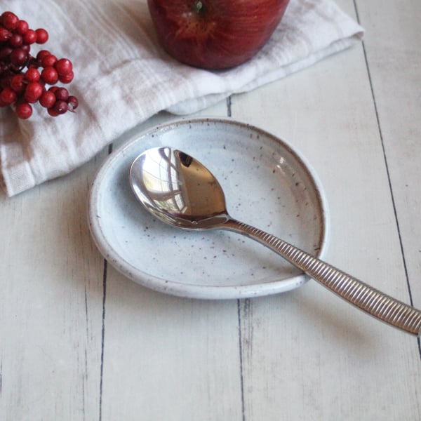 Image of Medium Size Spoon Rest in Shiny White Glaze on Speckled Stoneware, Coffee Station Dish, Made in USA