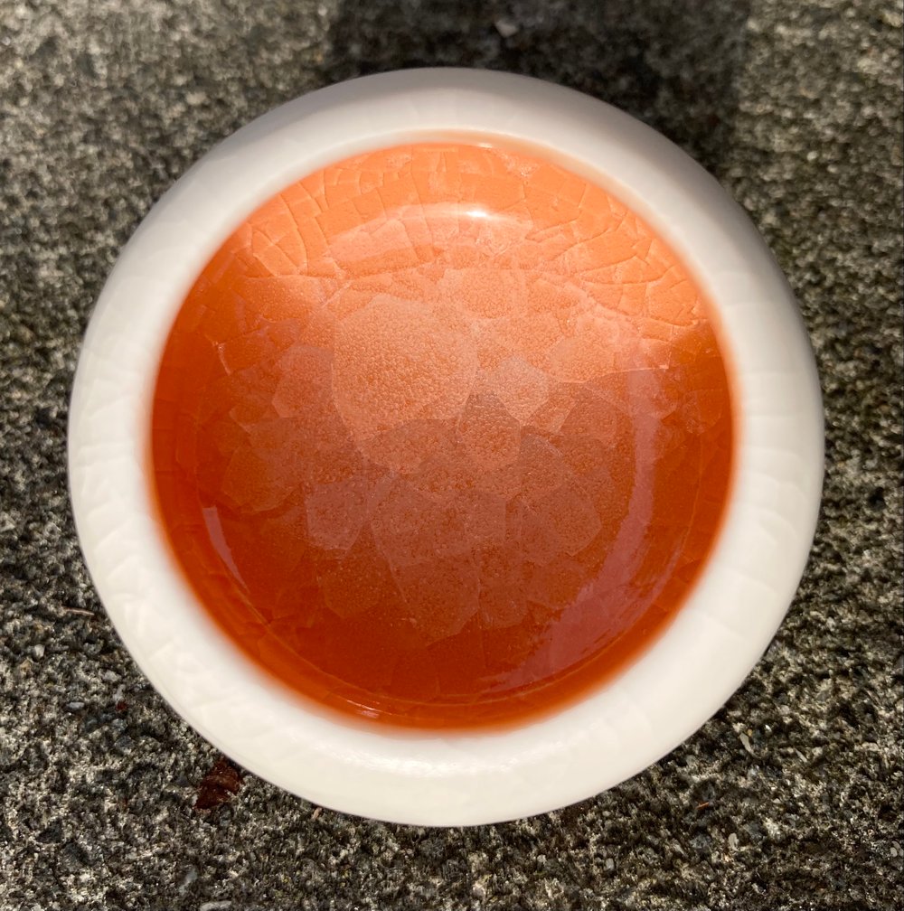 Image of Tiny Orange and White Porcelain wheel thrown bowl for salt, pepper, spice or jewellery.