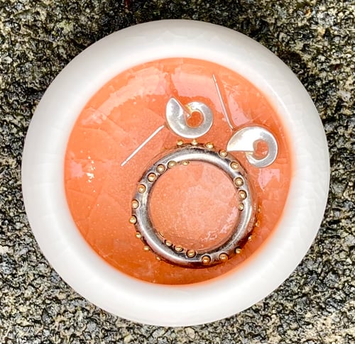 Image of Tiny Orange and White Porcelain wheel thrown bowl for salt, pepper, spice or jewellery.