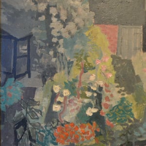 Image of Mid century French oil Painting. 'Cottage Garden.'