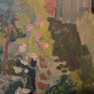 Image of Mid century French oil Painting. 'Cottage Garden.'