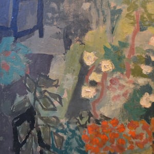 Image of Mid century French oil Painting. 'Cottage Garden.'