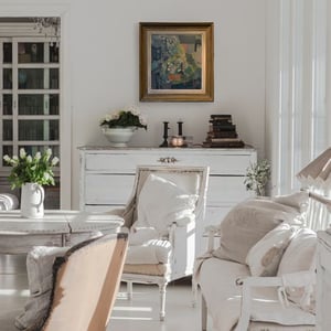 Image of Mid century French oil Painting. 'Cottage Garden.'