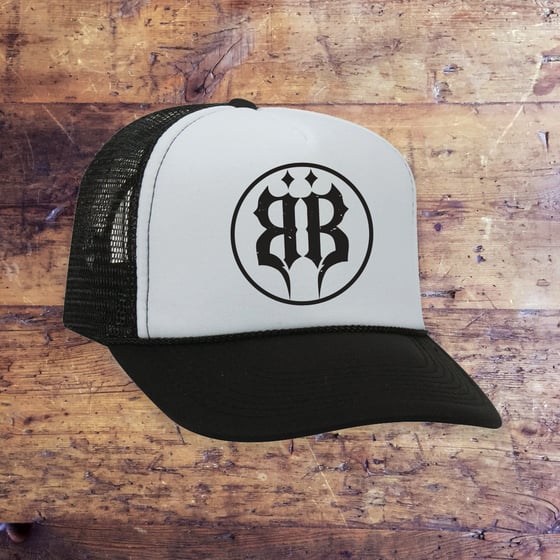 Image of OFFICIAL - BEASTO BLANCO BLACK AND WHITE "BB CIRCLE" LOGO TRUCKER HAT