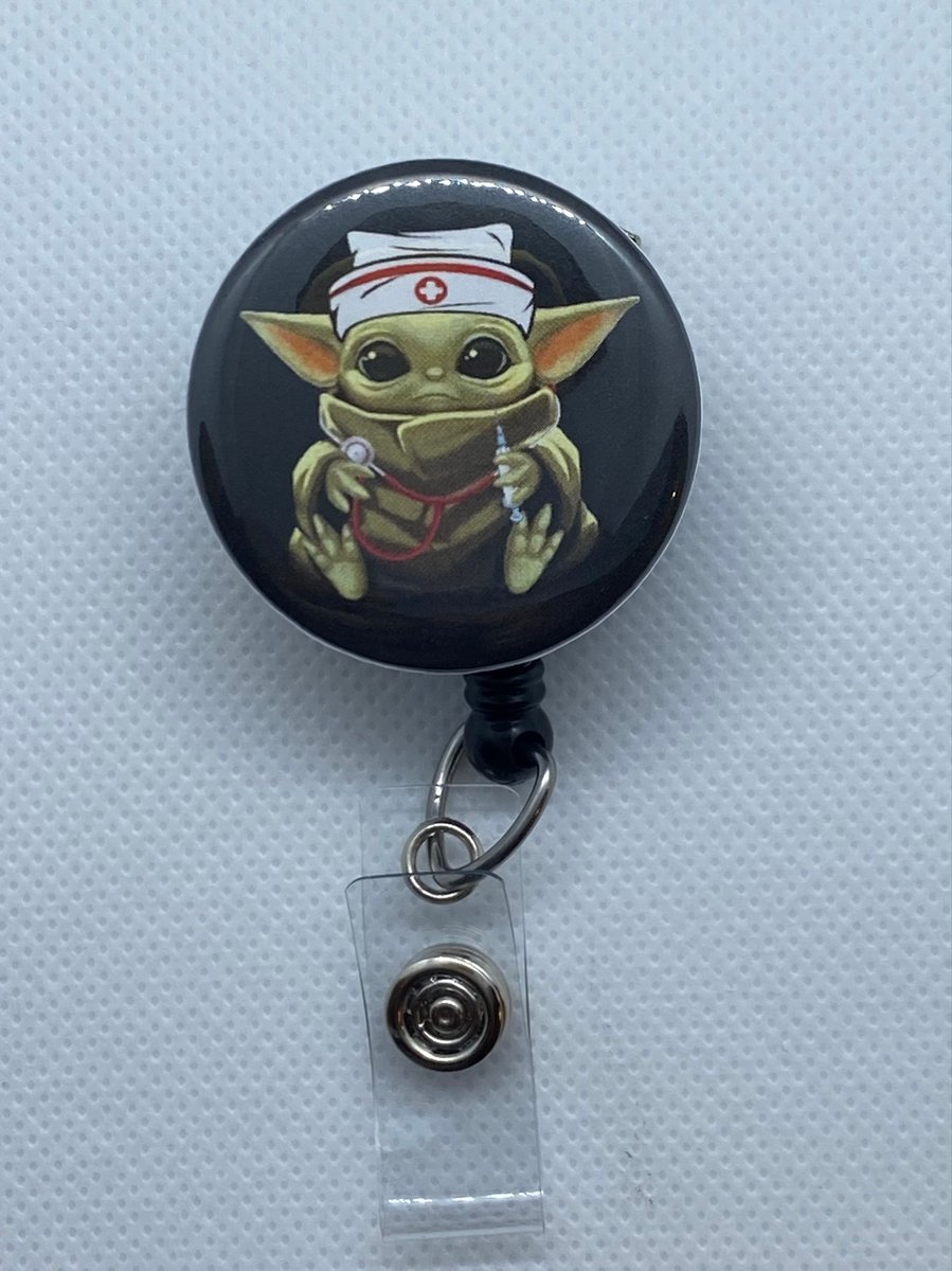 Baby Yoda Nurse RN Stethoscope Black Reel Badge