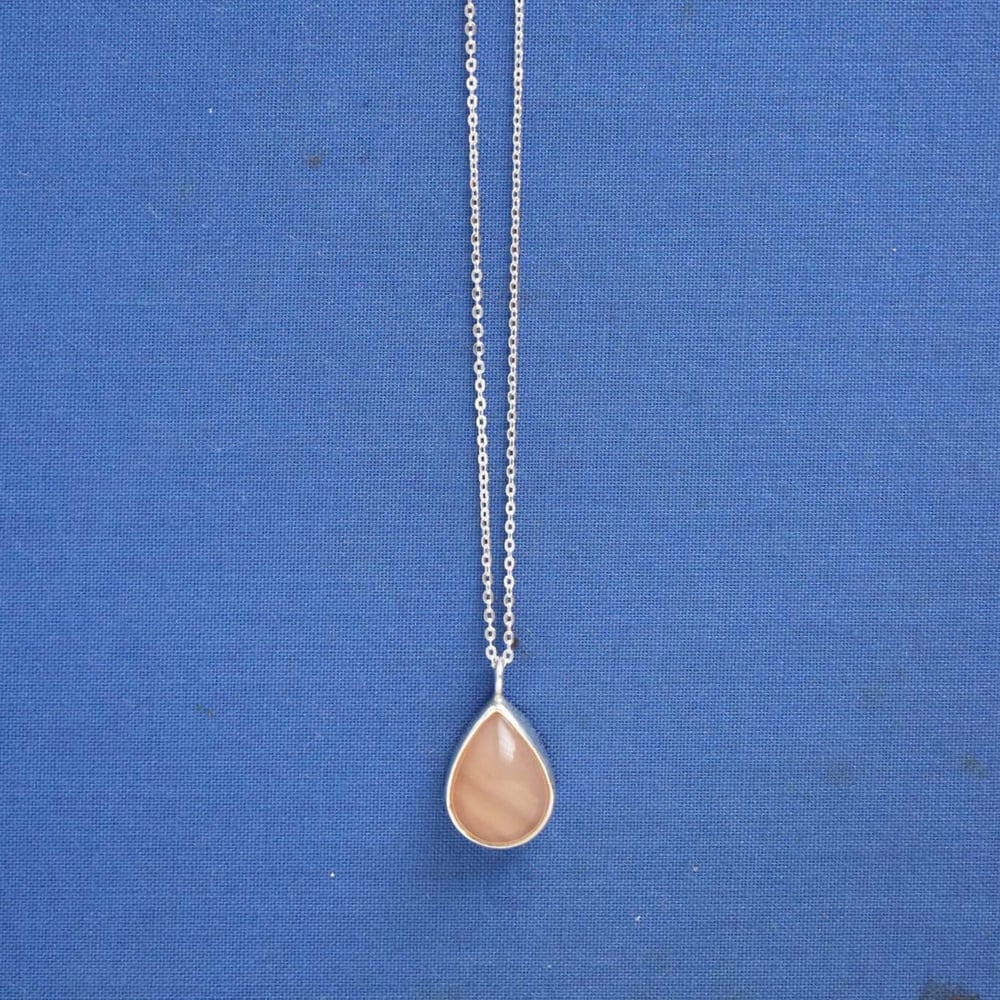 Image of Pink Chalcedony cabochon cut water drop shape silver necklace