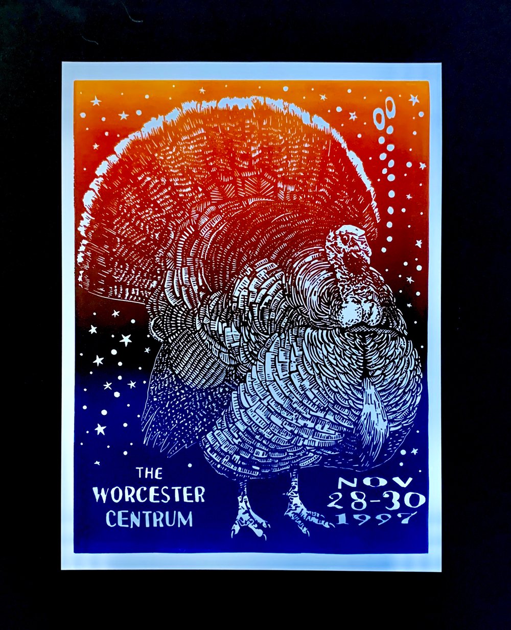 PHISH Worcester Centrum November 28,29, 30, 1997 Linocut Poster ( Just working the turkey through).