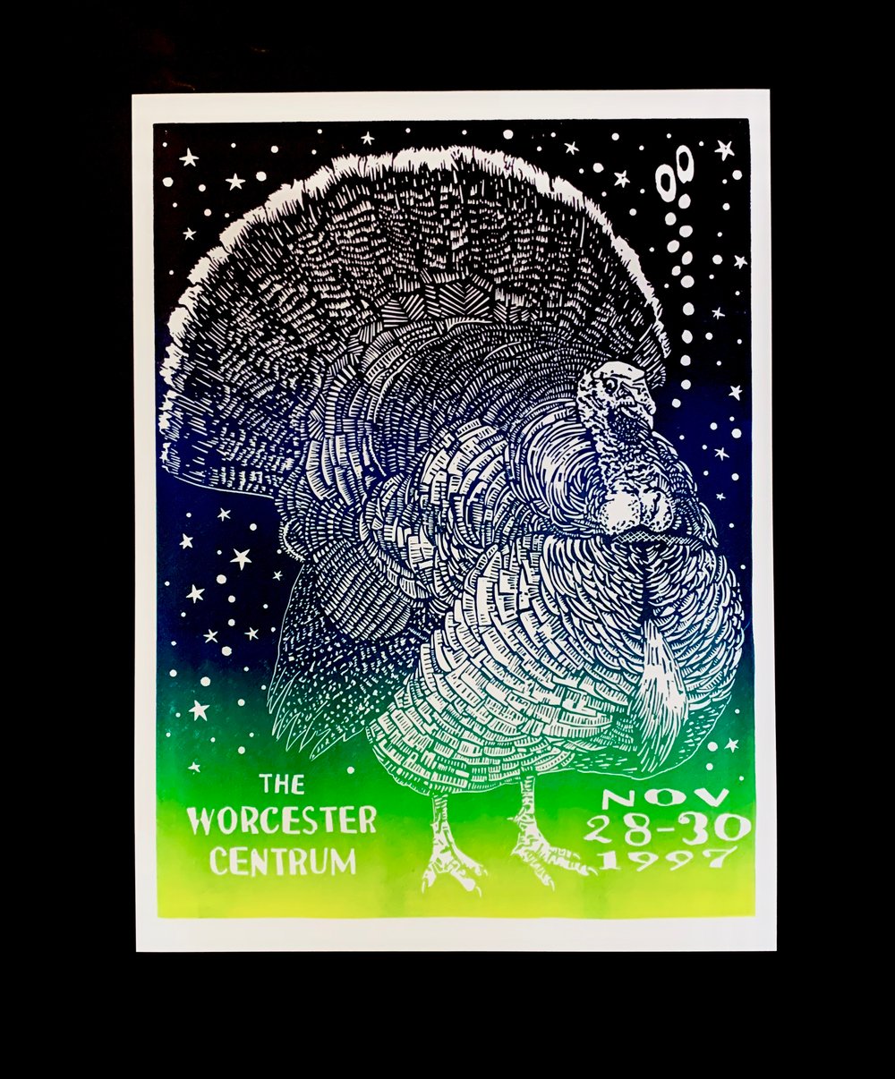 PHISH Worcester Centrum November 28,29, 30, 1997 Linocut Poster ( Just working the turkey through).