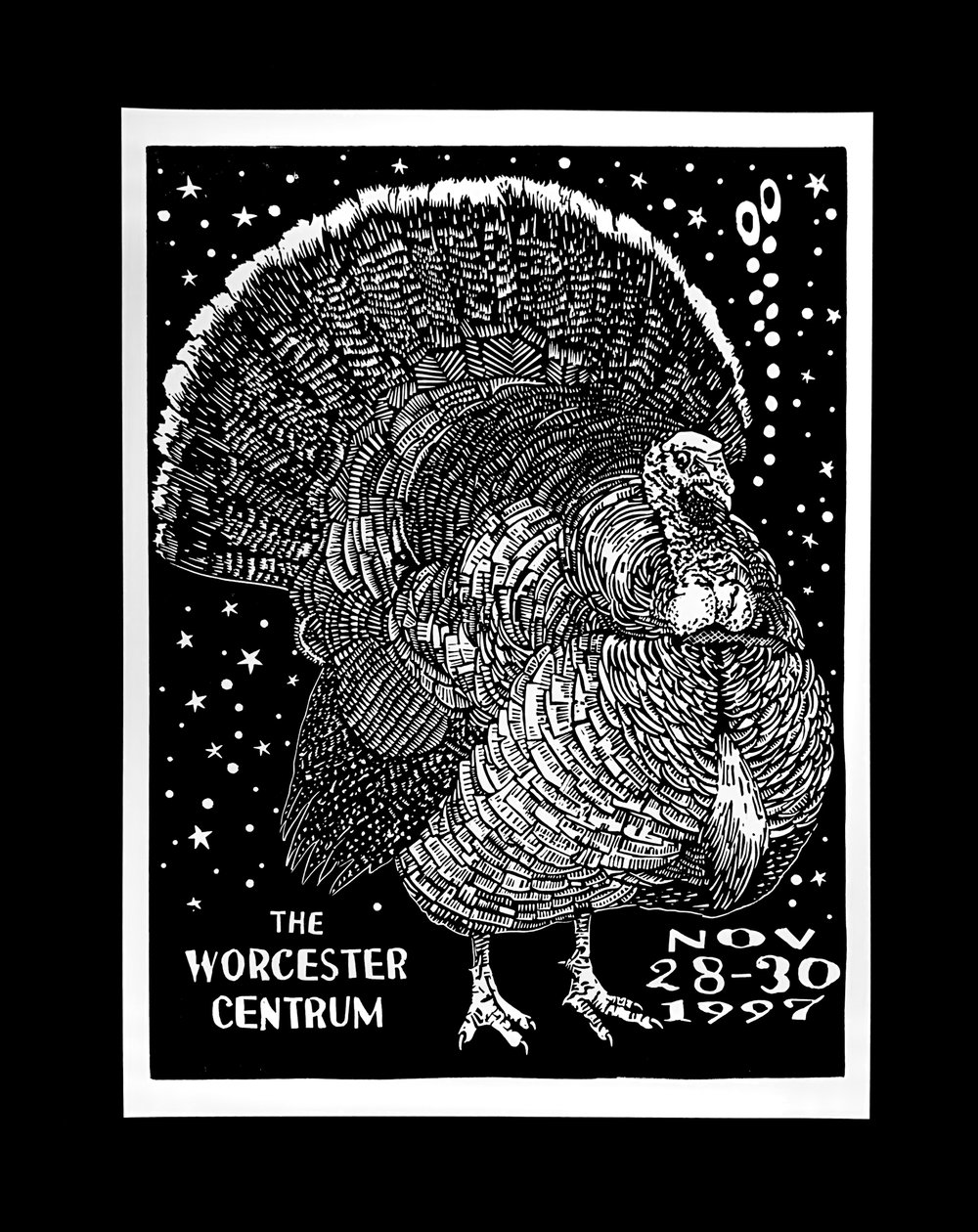PHISH Worcester Centrum November 28,29, 30, 1997 Linocut Poster ( Just working the turkey through).