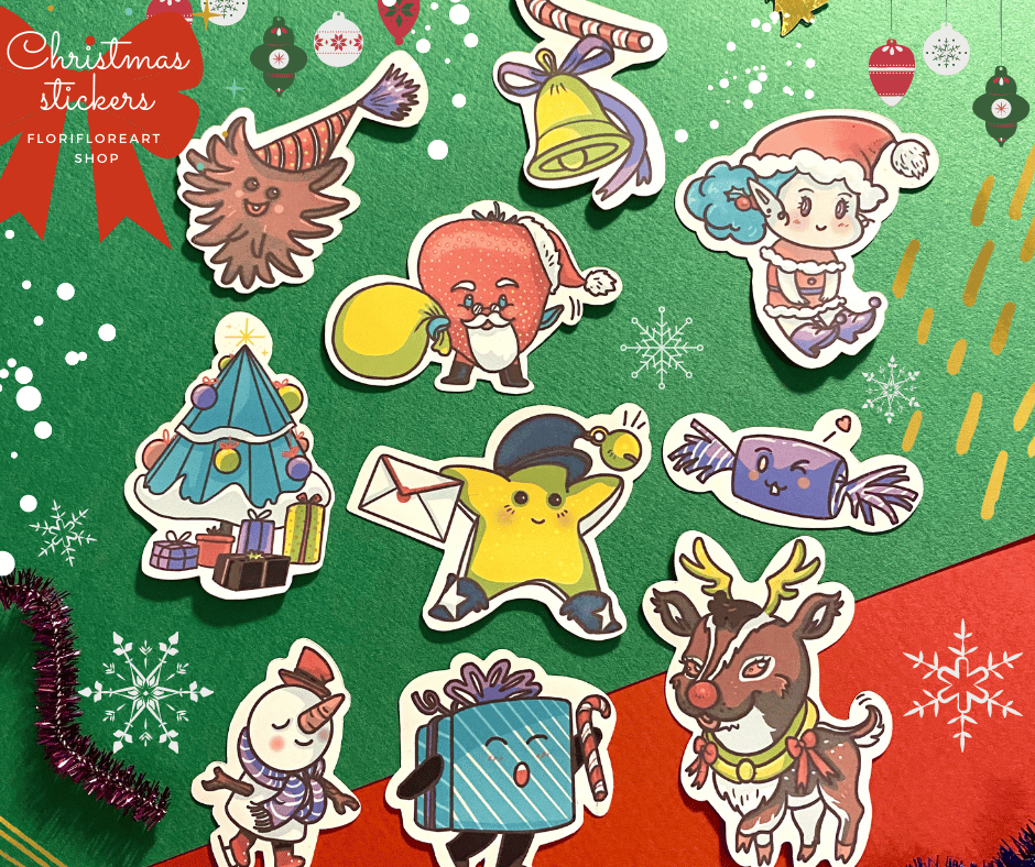 Image of 10 Cute Christmas Stickers Set to decorate your journals, planners and notebooks // Digital Art