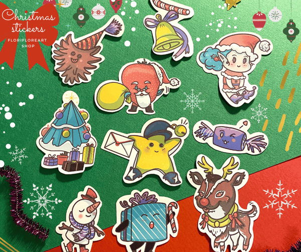 Image of 10 Cute Christmas Stickers Set to decorate your journals, planners and notebooks // Digital Art
