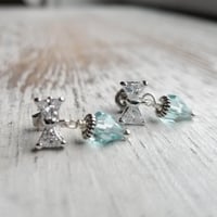 Image 3 of Tiny Aqua Bow Earrings (Silver)