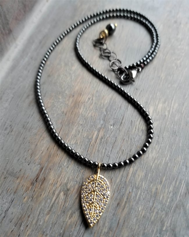 Pave Gold Leaf + Hematite Necklace