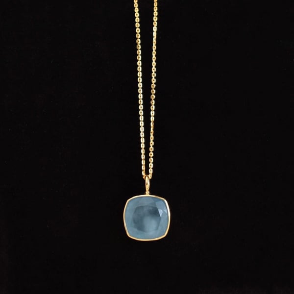 Image of Natural Aquamarine cushion cut 14k gold necklace