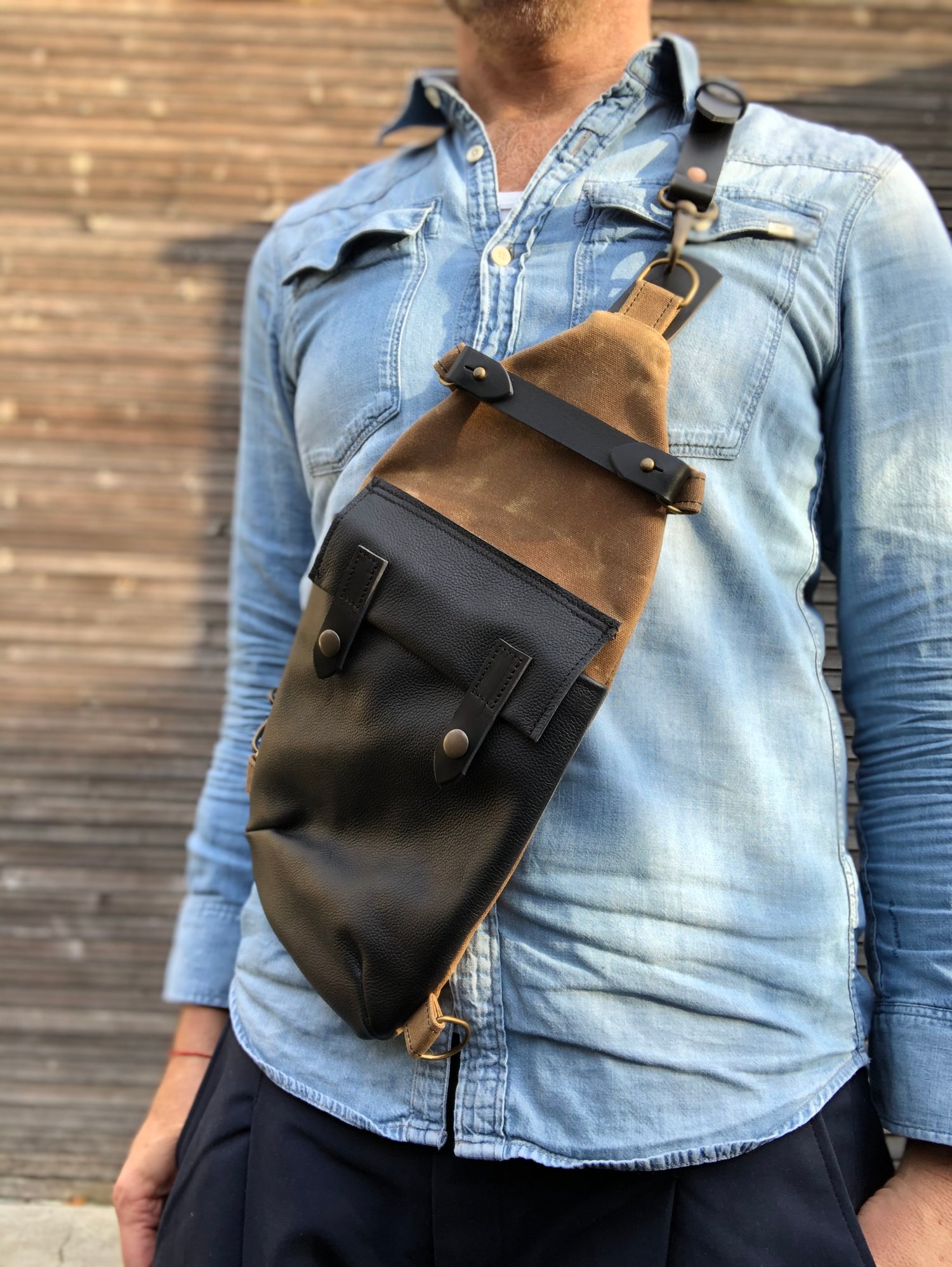 Image of Spice waxed canvas sling bag / fanny pack / chest bag / day bag/ with leather shoulder strap