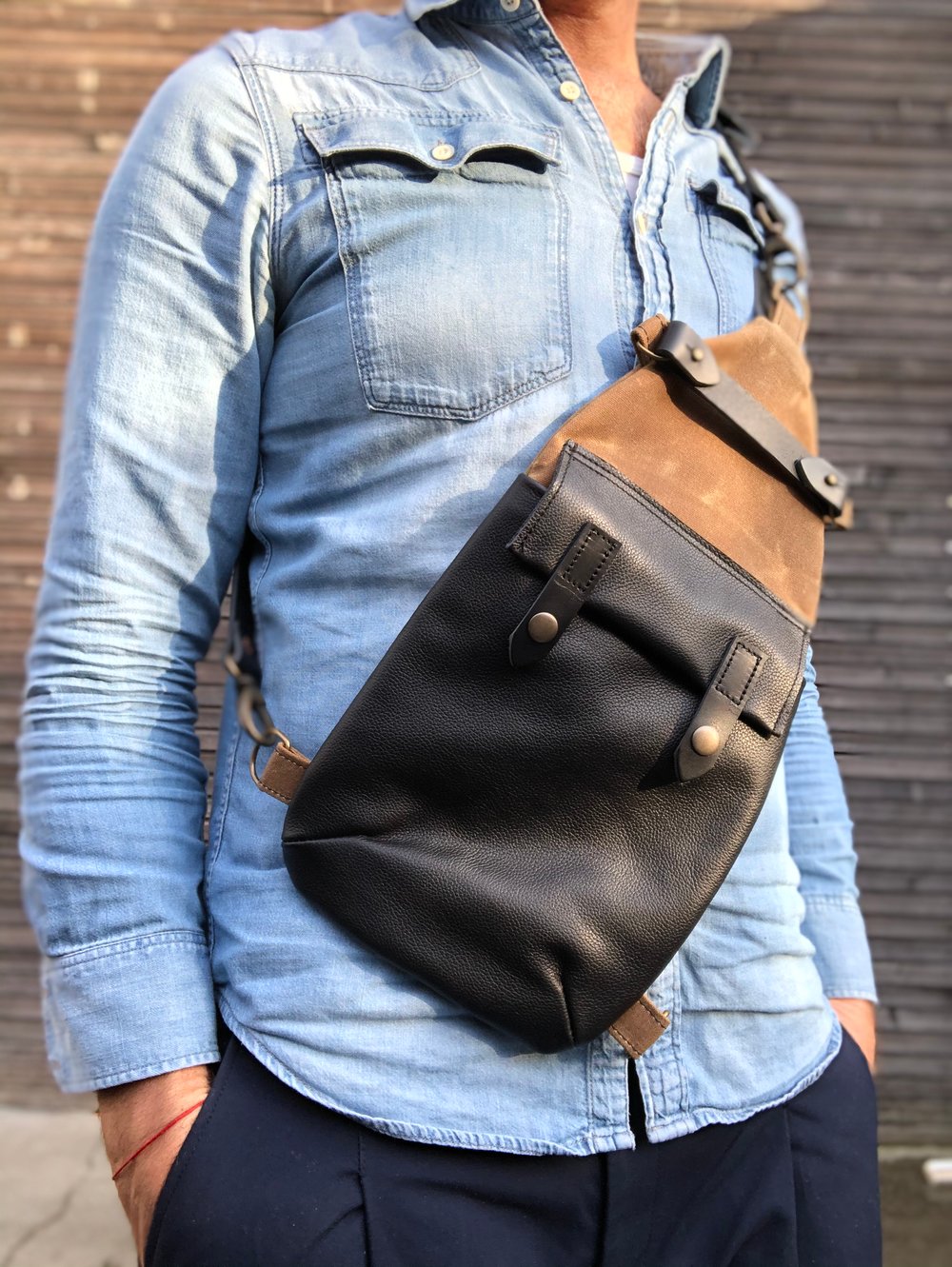 Spice waxed canvas sling bag / fanny pack / chest bag / day bag/ with  leather shoulder strap