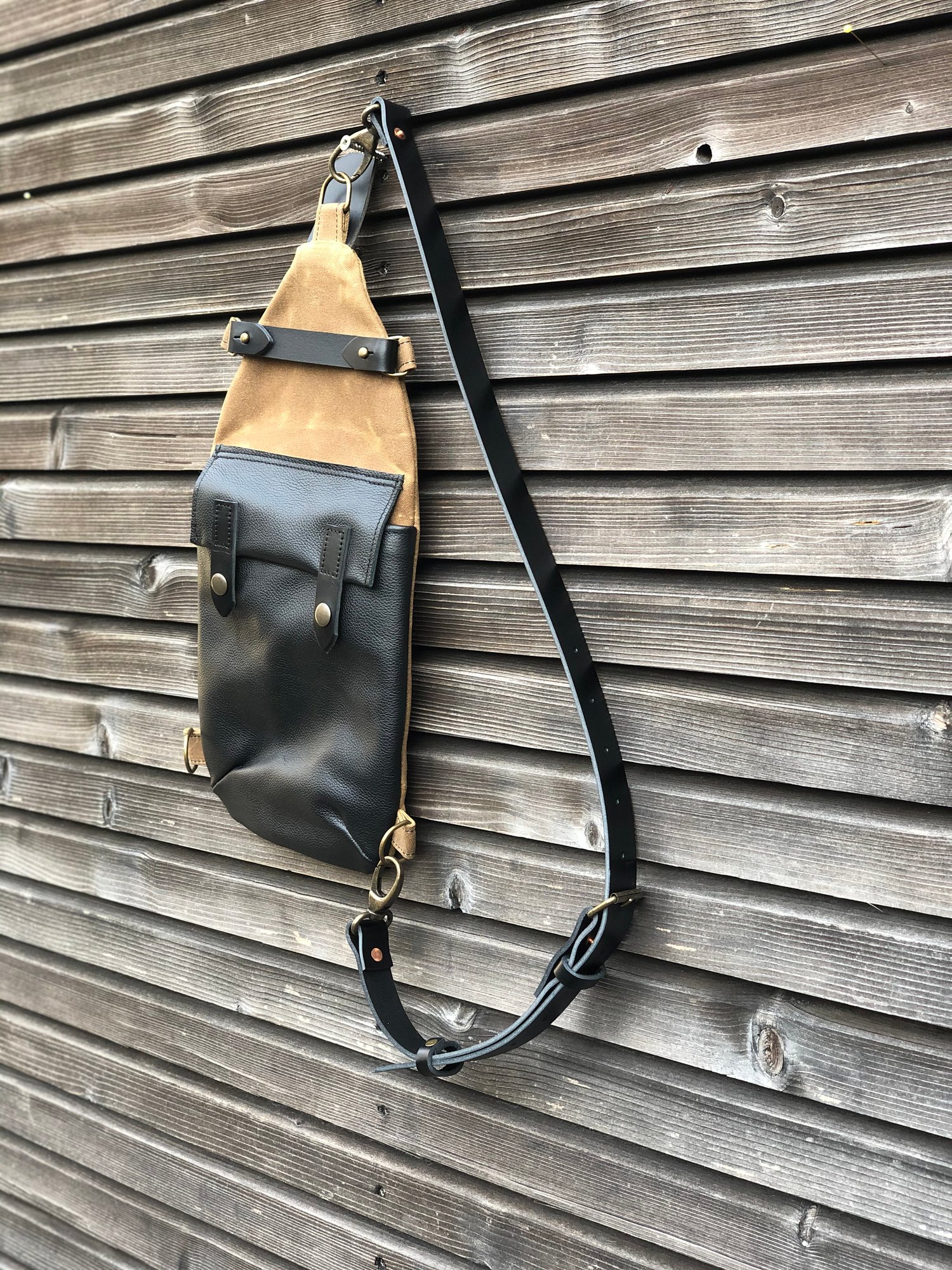 Spice waxed canvas sling bag / fanny pack / chest bag / day bag/ with  leather shoulder strap