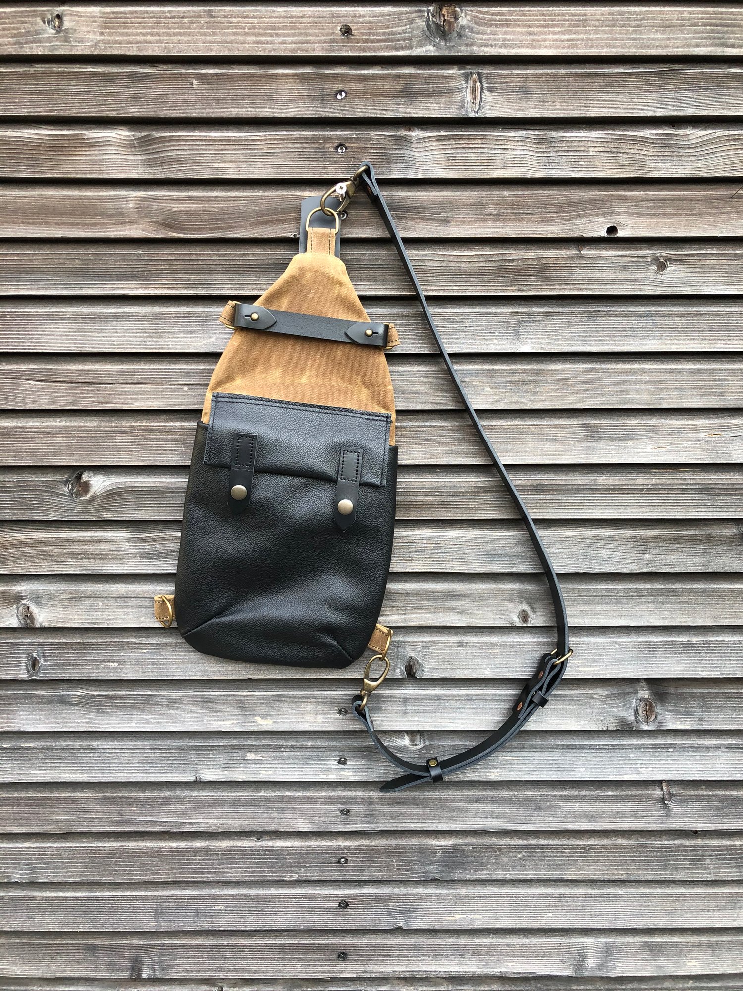 Image of Spice waxed canvas sling bag / fanny pack / chest bag / day bag/ with leather shoulder strap