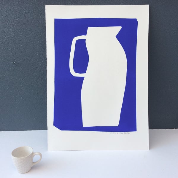 Image of Tall White Jug on Blue
