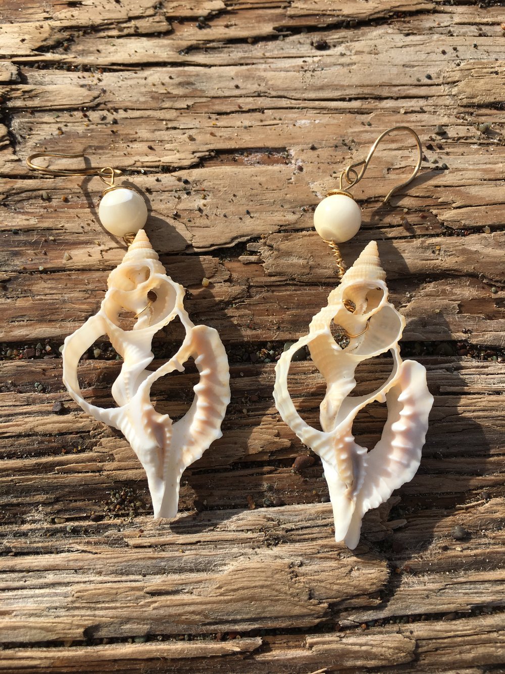 Image of Seashell Skeleton & Upcycled White Bead Earrings