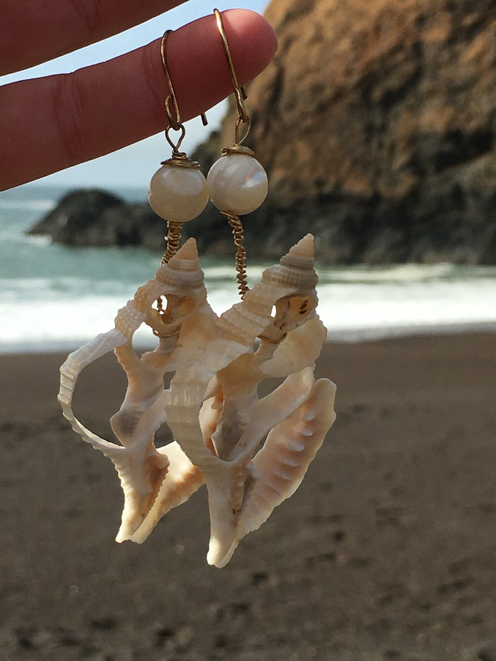 Image of Seashell Skeleton & Upcycled White Bead Earrings