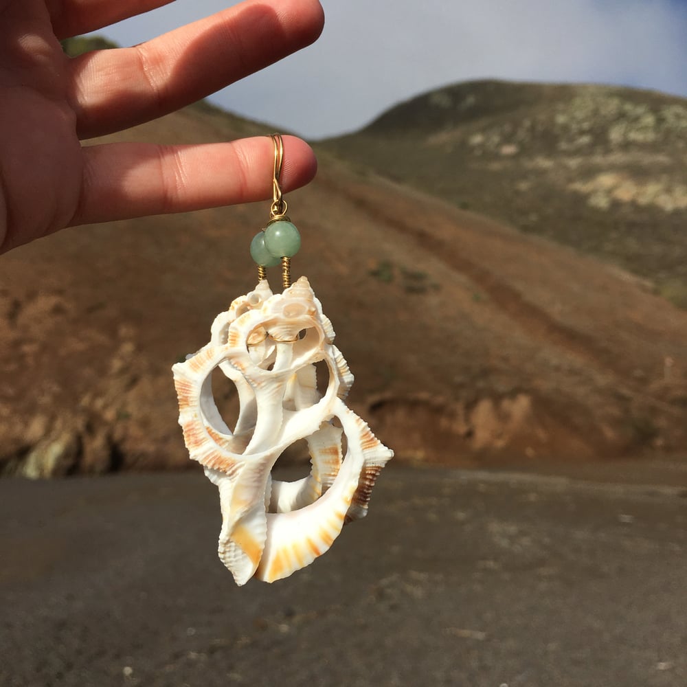 Image of Seashell Skeleton & Upcycled Green Bead Earrings