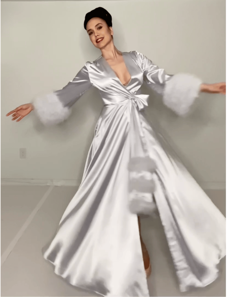 Image of Silver Marabou-cuffed "Beverly" Dressing Gown 