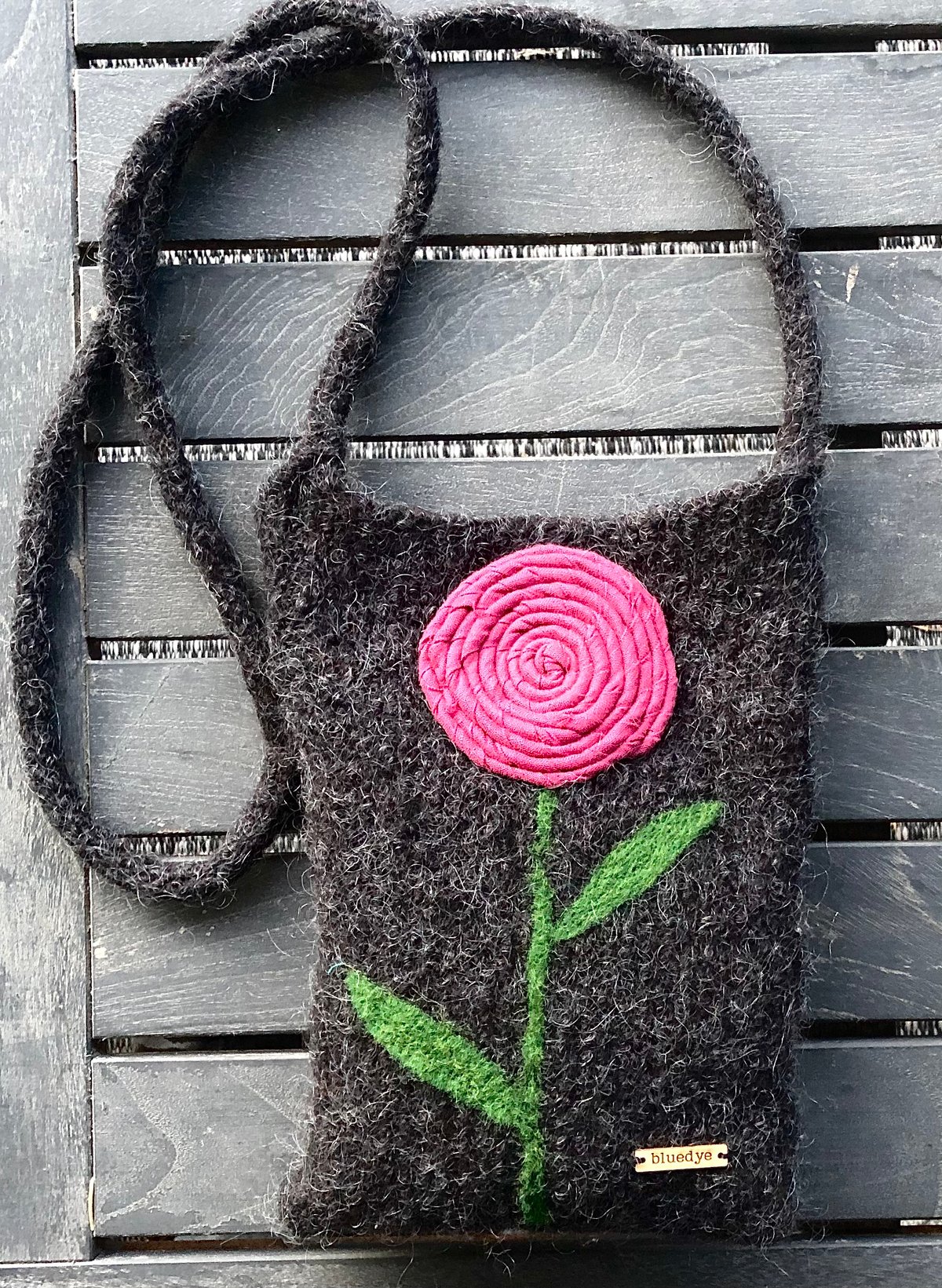 Image of Charcoal grey crossbody bag/ Pink flower