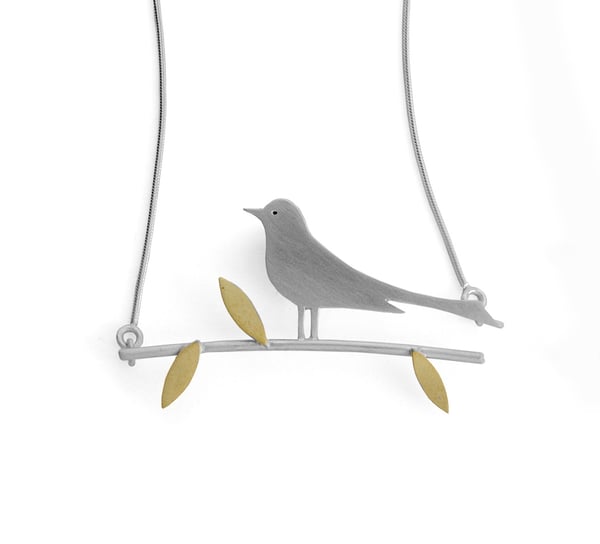 Image of Wagtail pendant on gold leaf twig