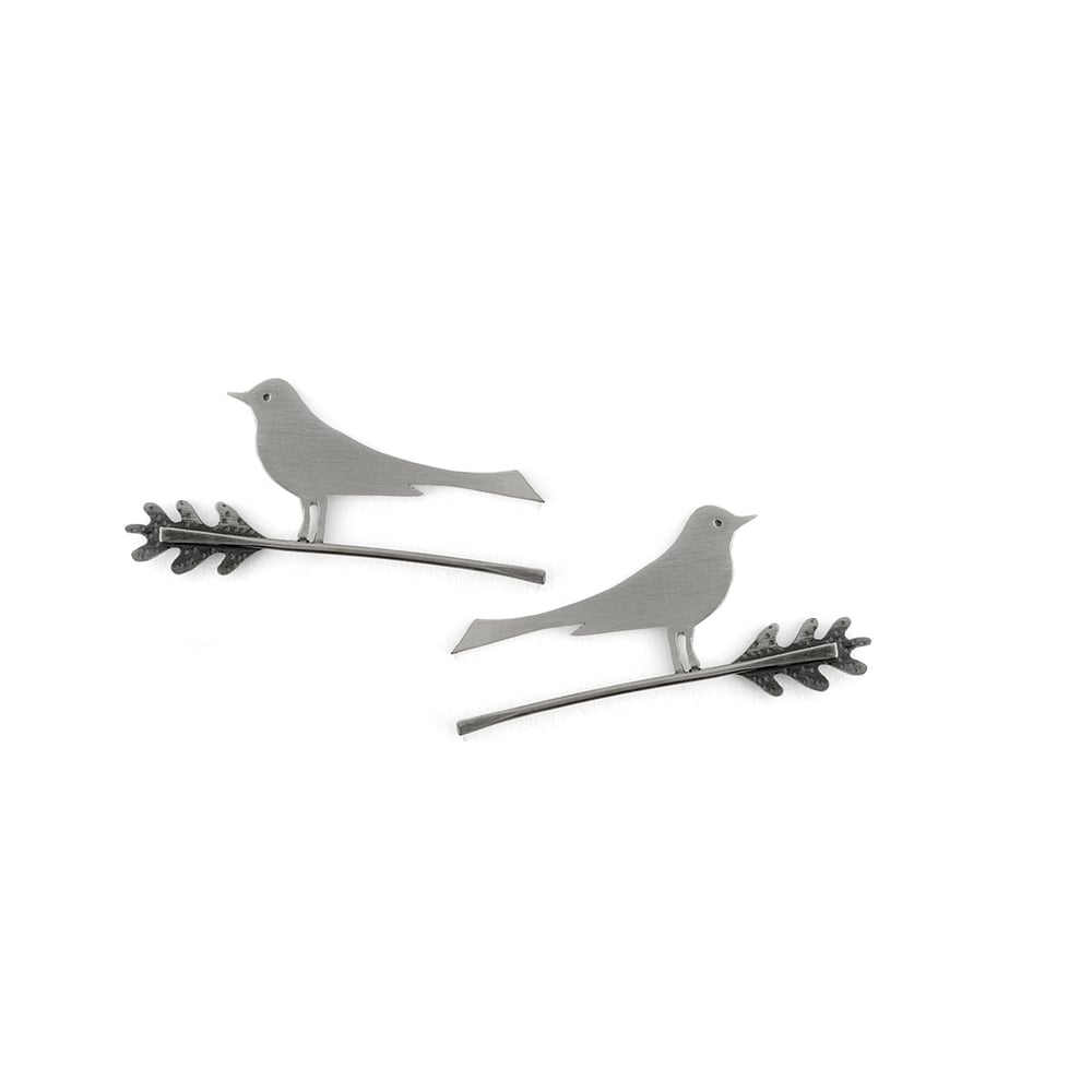 Image of Wagtail small earrings on oak leaf twigs